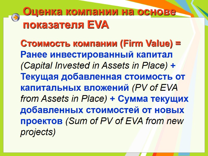 Оценка компании на основе показателя EVA Стоимость компании (Firm Value) = Ранее инвестированный Оценка компании на основе показателя EVA Стоимость компании (Firm Value) = Ранее инвестированный